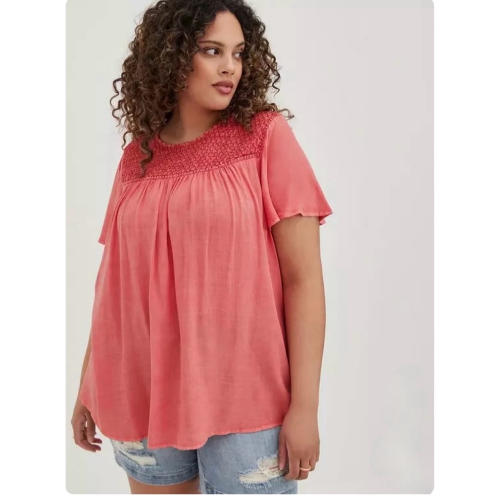 Torrid Challis Smocked Detail Flutter Sleeve Top in Coral